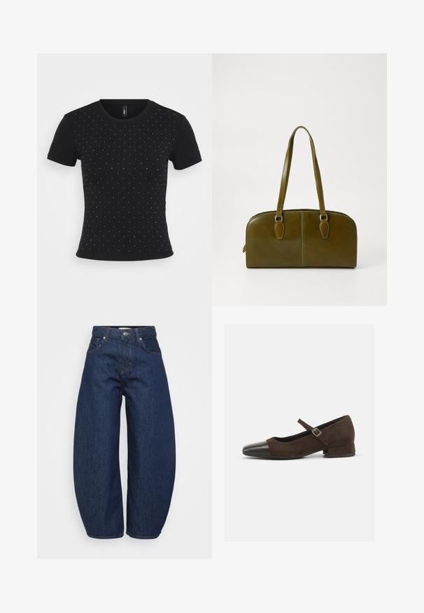 Crna majica kratkih rukava od rebrastog materijala, ukrašena raspršenim detaljima od kristala na prednjim dijelovima.; Tamno plave traperice s širokim, opuštenim krojem. Imaju patentni zatvarač, četiri džepa i kontrastni šav duž šavova.; Smeđi nubuk Mary Jane cipele s crnim lakiranim vrhom, podesivim trakama i niskom blok petom. Glatka tekstura s minimalnim detaljima.; Maslinasto zeleni kožni ručni šal s zaobljenim oblikom, dvostrukim ručkama i besprijekornim prednjim dijelom. Ima glatku teksturu i suptilne detalje u šivanju.; Srebrna kružna naušnica s poliranim završetkom, koja ima male zlatne detalje i okrugli oblik, nošena na uhu.
