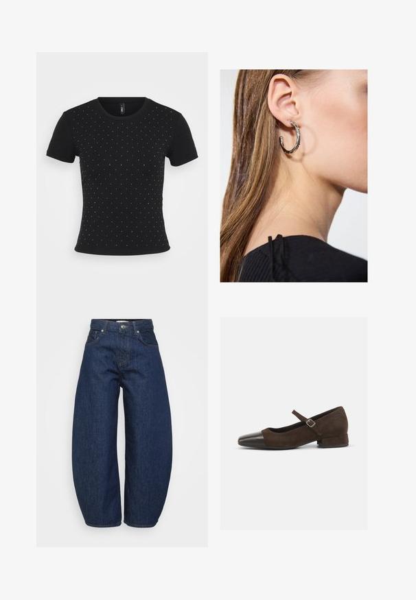Fekete, rövid ujjú póló bordázott anyagból, elöl csillogó strasszokkal a különlegesebb megjelenés érdekében.; Sötétkék farmernadrág, széles, lazán szabott fazonban. Cipzáras elülső rész, négy zsebbel és kontrasztos varrással a varratok mentén.; Barna velúr Mary Jane cipő fekete lakk bőrből készült orr résszel, állítható pánttal és alacsony blokk sarkával. Simább textúra minimális díszítésekkel.; Ez egy ezüst fülbevaló, sima felülettel, amelyen apró arany díszítőelemek találhatók. Kerek formájú és a fülcimpán viselik.