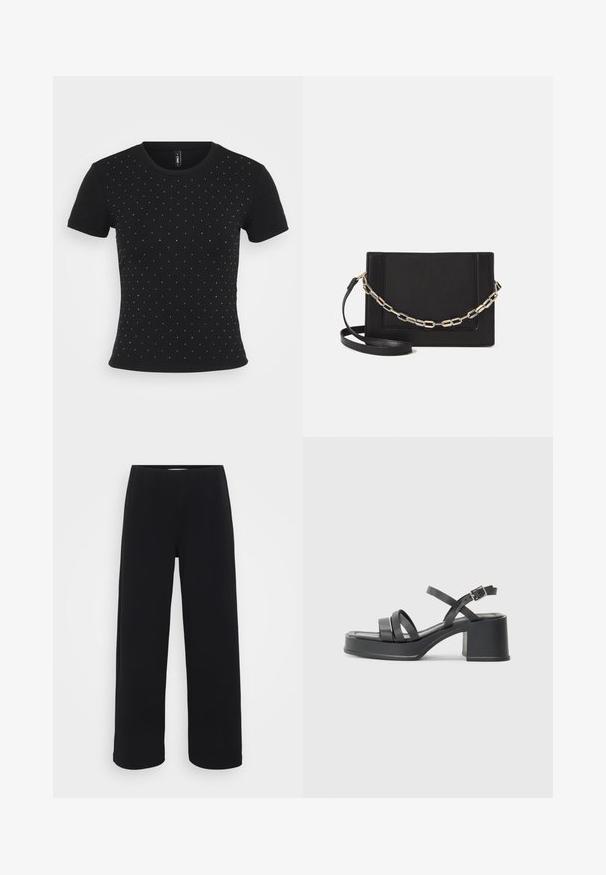 Black short-sleeve t-shirt made of ribbed fabric, featuring scattered rhinestone accents across the front for added detail.; Black wide-leg pants with an elastic waistband. Made from a textured material, featuring a loose fit and straight cut from hips to hem.; Black heeled sandals with multiple narrow straps and a round toe. The heel is block-shaped with a smooth texture. Adjustable buckle closure.; Black leather crossbody bag featuring a smooth texture, rectangular shape, and a metallic chain detail on the front. Adjustable strap included.