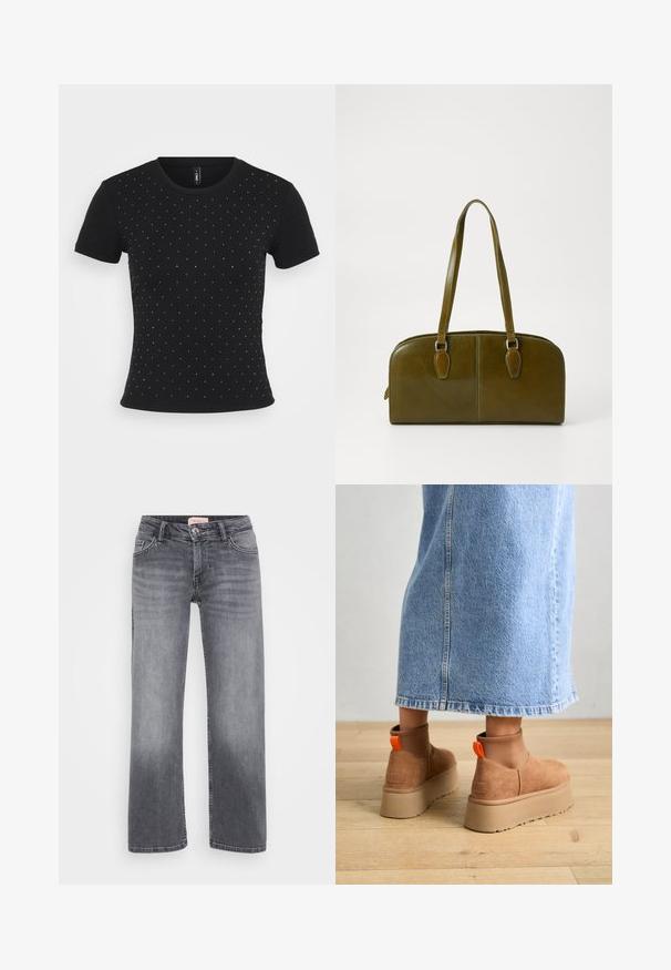 Black short-sleeve t-shirt made of ribbed fabric, featuring scattered rhinestone accents across the front for added detail.; Gray denim jeans with a straight leg design, five-pocket style, subtle fading, and a button closure at the waist.; Brown suede platform boots with elastic side panels and orange pull tabs, paired with a knee-length light denim skirt on a wooden floor.; Olive green leather handbag with a rounded shape, dual handles, and seamless front. Features a smooth texture and subtle stitching details.; Silver hoop earring with a polished finish, featuring small gold accent details and a round shape, worn on the lobe.