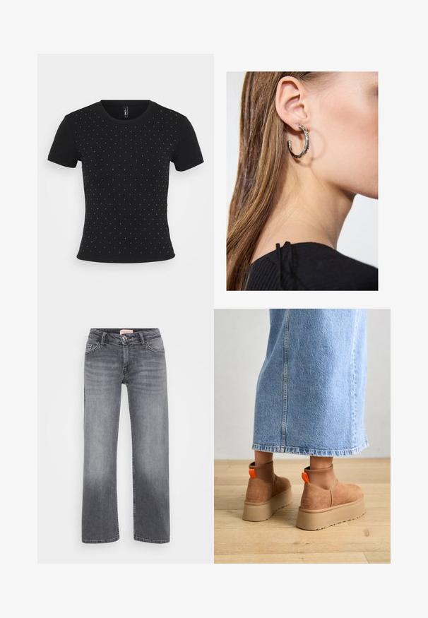 Svart t-skjorte med kort erme laget av ribbestrikket stoff, med spredte rhinesteindetaljer over forsiden for ekstra stil.; Grå denimjeans med rett ben-design, fem-lomme stil, subtil falming, og knappelukking i midjen.; Brune semska plattformstøvler med elastiske sidepaneler og orange rekkehalser, parret med en knelange lys denimskjørt på et tregulv.; Sølv ringøredob med en polert finish, med små gull detaljer og en rund form, båret på øreflippen.