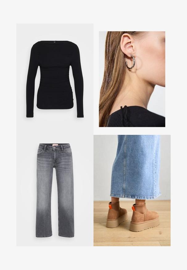 Crna dugorukava majica od rastezljivog materijala, s brodskim izrezom i nabranim detaljima sa strane za prilagođeni izgled.; Sive traperice sa ravnim nogavicama, stil pet džepova, blago izblijedjele i s kopčanjem na gumbe u struku.; Smeđe suede platform čizme s elastičnim bočnim panelima i narančastim vučnim trakama, uparenim s suknjom od svijetlog denima do koljena na drvenom podu.; Srebrna kružna naušnica s poliranim završetkom, koja ima male zlatne detalje i okrugli oblik, nošena na uhu.