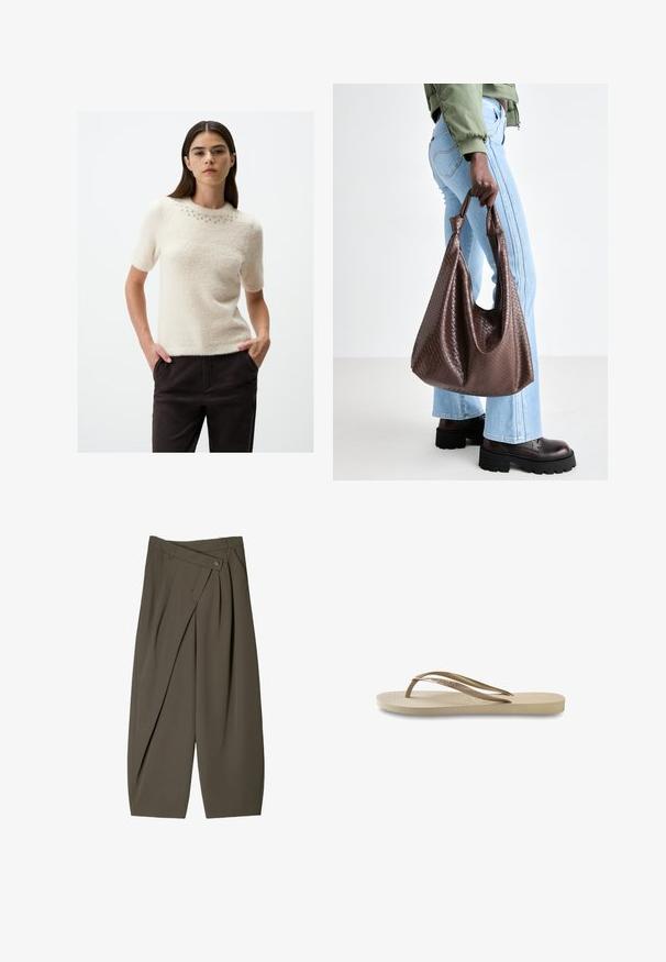 Korte mouw crème trui van een zachte, pluizige stof met een ronde halslijn, verfraaid met kleine, decoratieve zilveren studs. Gekozen in combinatie met donkere broek.; Ruime broek in donkergroen stof, met een geplooide voorkant, een knoopsluiting en een gepolijste, gestructureerde afwerking.; Lichtbeige flip-flop met een getextureerde voetbed, platte zool en dunne, glanzende bandjes. Heeft subtiele merkvermelding op het bandje.; Bruine gevlochten leren tote bag met geknoopte handvatten, gedragen door een persoon in lichtblauwe spijkerbroek en zwarte Chunky schoenen. Gladde, textuurrijke oppervlakte.