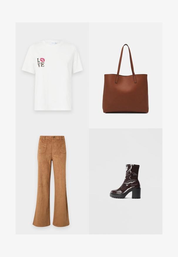 Valge puuvillane T-särk lühikeste varrukatega. Esiküljel on must tekst "LOVE" koos loomade trükiga ja punane huuleprint vasakul küljel.; Tumedadest flared püksid, millel on kõrge vöökoht, ees ja taga taskud ning sile tekstuur. Kujundatud mugavaks istuvuseks kogu jala ulatuses.; Klakav läikiv burgundi värvi pahkluu saabas, millel on paks must konts, sile tekstuur ja lihtne disain. Nähtavad kinnitused või mustrid puuduvad.; Pruun nahast tote-kott, millel on sile tekstuur, avatud ülaosa disain ja kaks õlarihma. Omab minimaalset õmblust ja nähtavat riistvara ei ole.