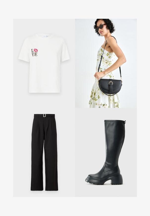 Baltas kokvilnas T-krekls ar īsām piedurknēm. Tam ir "LOVE" teksts melnā krāsā ar dzīvnieku rakstu un sarkana lūpu nospiedums kreisajā pusē.; Melnas augsta vidukļa platleges bikses ar jostu cilpiņām un sudraba taisnstūra sprādzi uz baltā fona.; Augstas melnas ādas zābakus ar masīvu platformu un bloka papēdi, ar vilkšanas cilpu un strukturētu profilu uz ārējā zoles.; Melnas ādas rokassoma ar izliekta formu, noņemamu siksnu un zelta aksesuāriem. Somai ir vāciņš ar sprādzes detaļu.