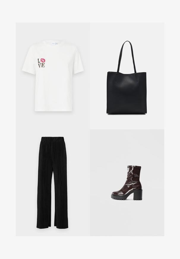 Bela bomba majica s kratkimi rokavi. Ima črn napis "LOVE" z motivom živali in odtis rdeče šminke na levi strani.; Črne plisirane hlače z elastičnim pasom. Imajo široke noge in gladko, teksturirano tkanino z navpičnimi črtami.; Sijajan škrlatank z bleščečim videzom, z masivnim črnim peto, ki se ponaša z gladko teksturo in preprostim dizajnom. Brez vidnih zapenjal ali vzorcev.; Črna usnjena torba s svilnato teksturo, pravokotne oblike in dvema dolgima ročajema. Brez vidnih metalnih delov ali okrasnih elementov.