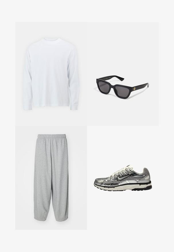 Langærmet hvid t-shirt lavet af bomuld, med rund hals og lige afslutning. Glat tekstur, enkelt design uden mønstre eller detaljer.; Lys grå, løstsiddende sweatpants lavet af blød stof. Elastisk talje og manchetter ved anklerne. Enkel og udekoreret design.; Sølv og sort atletisk sko med en overdel af mesh og syntetisk materiale, voluminøst design og en tekstureret finish. Har en polstret krave og gummisål.; Sorte rektangulære solbriller med en blank finish, mørke linser og guldhardware på templet med logoen.