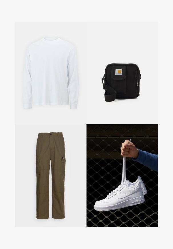 Balti ilgomis rankovėmisMarškinėliai, pagaminti iš medvilnės, su apvalia iškirpte ir tiesiu apdailu. Lygi tekstūra, paprastas dizainas be raštų ar akcentų.; Olive žalios spalvos kelnių kelnaitės, pagamintos iš patvarios medžiagos. Yra dvi šoninės kišenės, standartinė liemens linija ir tiesios kojų dizainas.; Balti odiniai sportiniai bateliai su perforacijomis, apvalia nosimi, plokščiu padu ir storomis raištelėmis, su matomu swoosh logotipu ir "AIR" ant kulno.; Juoda petnešų rankinė su užtrauktuku pagrindiniame skyriuje, priekinė kišenė, reguliuojama juostele ir matoma logotipo etikete ant uždaromo dangtelio.