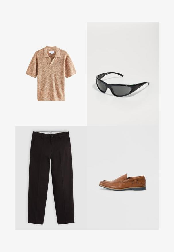 Lühikeste varrukatega kootud särk heledast pruunist tekstuurist lõngast, millel on kraega V-kaelus. Omab diagonaalset mustrit üle kogu pinna.; Mustad sirged põlvpüksid, millel on vöökohad, nööbi sulgemine ja küljetaskud, esitlemine helesinise halli taustal.; Prunadest nahkkingad ümmarguse varbaga, õmmeldud detailide ja madala kummitaldaga. Disain sisaldab riba üleval.; Mustad musta plastiku päikeseprillid tumedate läätsede, kõverate raamide ja nurkadega disainiga. Külgedel on väike roheline logo.