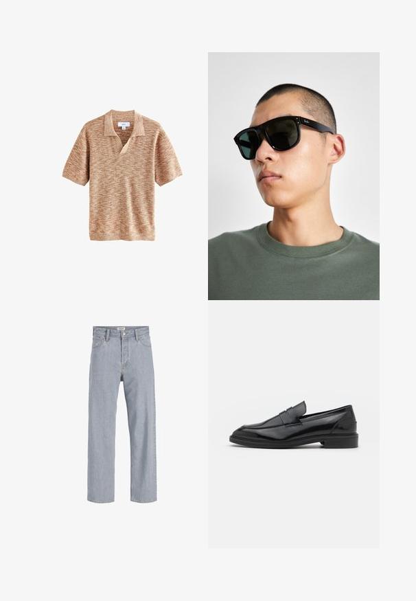 Kratek pulover s kratkimi rokavi v teksturiranem svetlo rjavem pletenju z ovratnikom in V-izrezom. Značilna je diagonalna potisk po celotni površini.; Svetlo modri kavbojki s sproščenim krojem, naravnost oblikovani nogi, vidnimi šivi, dvema sprednjima žepoma in gumbnim zapiranjem.; Črne usnjene loafersice z gladko površino, s zaobljenim prstom in ozkim pasom čez zgornji del. Nizek zložen petek.; Črne pravokotne sončna očala s temnimi lečami, ki imajo značilno obliko in blagovno znamko na ročaju. Nosijo jih oseba v zeleni majici.