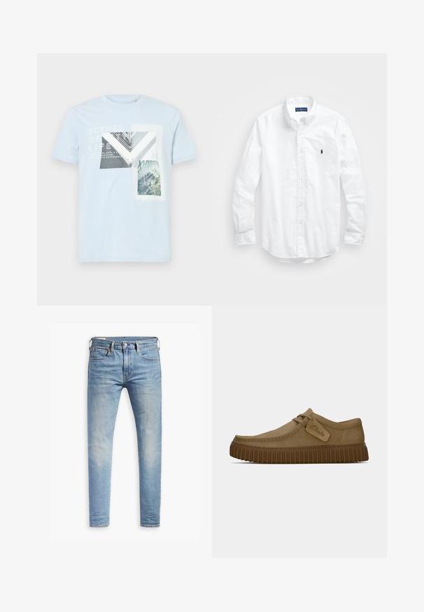 Šviesiai mėlynas medvilninis marškinėlis su architektūros elementų ir gamtos grafikomis, balta tekstine užrašu ir trumpomis rankovėmis.; Balta ilga rankovė mygtukų marškiniai iš medvilnės. Pasižymi klasikinėmis apykaklėmis, mygtukų rankogaliais ir mažuoju tamsiai mėlynu siuviniu su logotipu ant krūtinės.; Šviesiai mėlyni aptempti džinsai su lengvu nudėvėjimu šlaunyse, priekyje užsegami mygtuku, su diržo kilpelėmis ir penkių kišenių stiliumi ant baltos fono.; Šviesiai rudos zomšinės bateliai su apvaliu pirštu, siuvinėjimo detalėmis ir raguota ruda guma. Su šonine etikete su "Clarks" logotipu.
