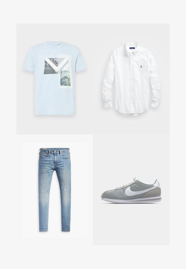 Vaaleansininen puuvillapaita, jossa on graafisia printtejä arkkitehtonisista elementeistä ja luonnosta, valkoisella tekstillä sekä lyhyet hihat.; Valkoinen pitkähihaisessa napitetussa paidassa, joka on valmistettu puuvillasta. Siinä on klassinen kaulus, napilliset hihansuut ja pieni tummansininen brodeerattu logo rinnassa.; Vaaleansiniset slim fit -farkut, joissa on hieman haalistumista reiden kohdalla, edessä nappisuljenta, vyölenkit ja viisi taskua valkoista taustaa vasten.; Harmaa urheilujalkine, jossa on mokka- ja tekstiilipäällinen, valkoinen Nike-tikkukiinnitys ja valkoiset nauhat. Varusteena on kuvioitu kumipohja ja pehmustettu nilkkaosa.