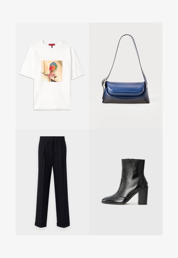 Witte katoenen t-shirt met een vierkante grafiek van kleurrijke ijsjes en het woord "BAR" in rood, centraal op de voorkant geplaatst.; Zwarte broek met streepjes in een getailleerde pasvorm, voorzien van een omgeslagen zoom en voorplooien. Gemaakt van een gladde stof met een gestructureerd ontwerp.; Zwarte leren enkelboot met een gladde textuur, spitse neus en een gedurfde hoge hak. Beschikt over een zijopening en een minimalistisch ontwerp.; Marineblauwe leren handtas met een gladde afwerking, met een ronde vorm, gevouwen bovenkant en een enkele schouderband. Inclusief zilveren accenten.