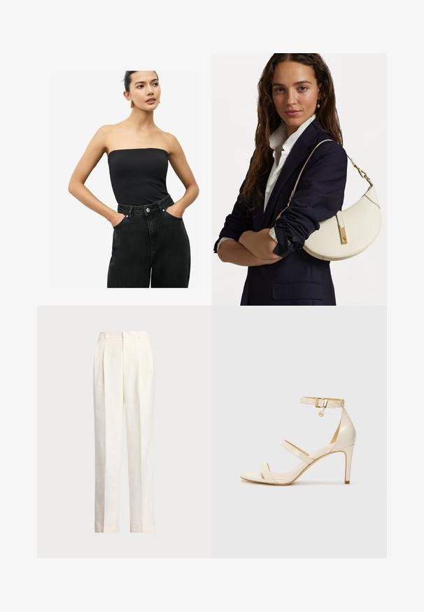 Čierny top bez ramienok vyrobený z hladkej tkaniny, skombinovaný s vysoko pásovými tmavými džínsami s bočnými vreckami a zapínaním na gombík.; Polo Ralph Lauren HEMP WIDE LEG PANT - Nohavice - nevis; Béžové sandále na vysokom podpätku s tenkým remienkom okolo členka a dvoma hornými remienkami. Lesklý lakovaný povrch a zlaté kovové detaily na remienku okolo členka.; Biely kožený kabelka s zakriveným tvarom, zlatou kovovou výbavou a textúrovaným povrchom, nosená cez tmavý blejzer a bielu košeľu.
