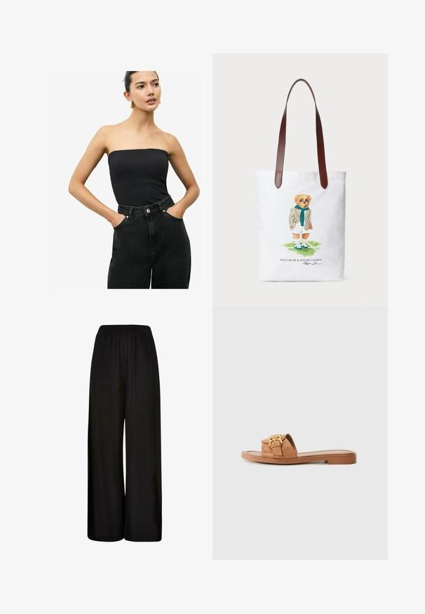 Top noir sans bretelles en tissu lisse associé à un jean foncé taille haute avec poches latérales et fermeture à bouton.; Pantalons larges noirs en tissu lisse. Dotés d'une taille élastique et d'une coupe ample et fluide pour le confort et la liberté de mouvement.; Sandale en cuir marron avec une large lanière, accents en métal doré, semelle plate et design minimaliste. Convient pour une tenue décontractée.; Sac en toile avec un ours en dessin animé portant une écharpe verte et un blazer, avec des sangles d'épaule en cuir marron. Fond blanc, design imprimé.