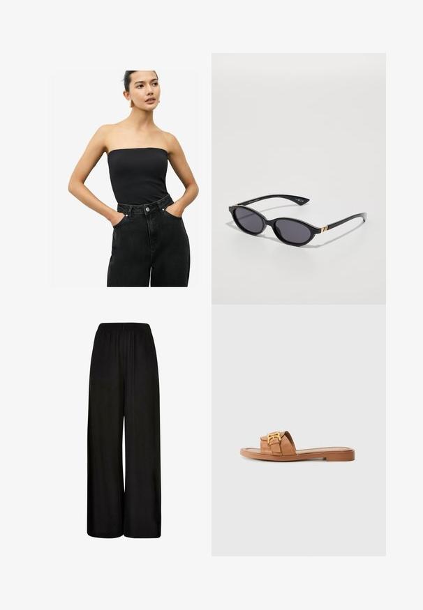 Sort strapless top lavet af glat stof, parret med højtaljede, mørk denimjeans med sidelommer og knaplukning.; Sorte vide benbukser lavet af et glat stof. Har en elastisk talje og en løs, flydende pasform for komfort og bevægelsesfrihed.; Brune lædersandaler med bred rem, guld hardware accent, flad sål og minimalistisk design. Velegnet til hverdag.; Sorte solbriller med ovale linser, mørk gradienttint og slanke arme med diskrete guldkant. Glat plastikfinish.; Canvas totebag med et tegneserie-bjørn i grøn tørklæde og jakke, med brune læder skulderremme. Hvid baggrund, trykt design.