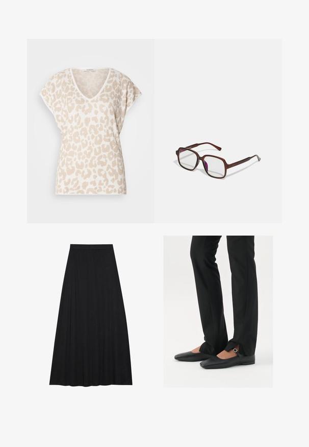 Bežs V-veida tops ar īsām piedurknēm, ar teksturētu leoparda rakstu gaiši brūnā krāsā. Maigs audums ar brīvu piegriezumu.; Melnā maxi svārki, izgatavoti no maiga, plūstoša auduma. Tam ir elastīga josta un pilna, A-līnijas siluets ar gludu tekstūru.; Melni ādas baleta zābaki ar smailo purngalu, siksniņa ar sudraba sprādzi, kombinēti ar melniem tailētiem biksēm ar šķēluma apakšdaļu.; Brūnas, taisnstūra formas brillēs ar caurspīdīgām lēcām un purpura nokrāsām. Gluda plastmasas apdare ar taisnām tempļiem un smalkiem akcentiem.; Sudraba gredzenveida auskari ar minimālistisku dizainu. Cirkulāra forma, gluda tekstūra un plāns profils. Vieglu svaru ar spīdīgu apdari.