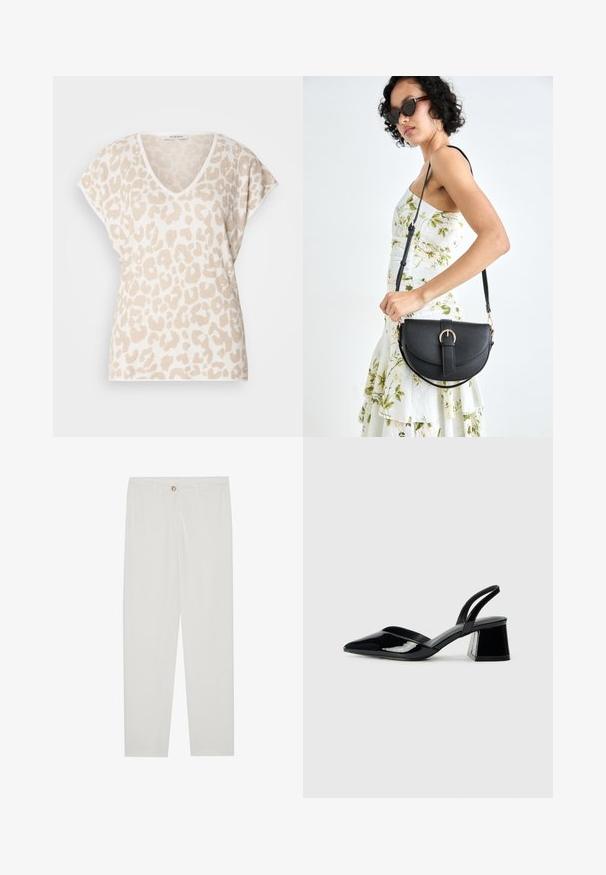 Beige V-neck top with short sleeves, featuring a textured leopard print in light brown. Soft fabric with a relaxed fit.; White, tailored trousers with a straight leg design, featuring a button closure, belt loops, and side pockets; smooth fabric texture.; Black patent leather slingback heels with a pointed toe and a geometric block heel. Features a sleek, minimal design and smooth texture.; Black leather handbag with a curved shape, detachable strap, and gold hardware. The bag features a flap with a buckle detail.