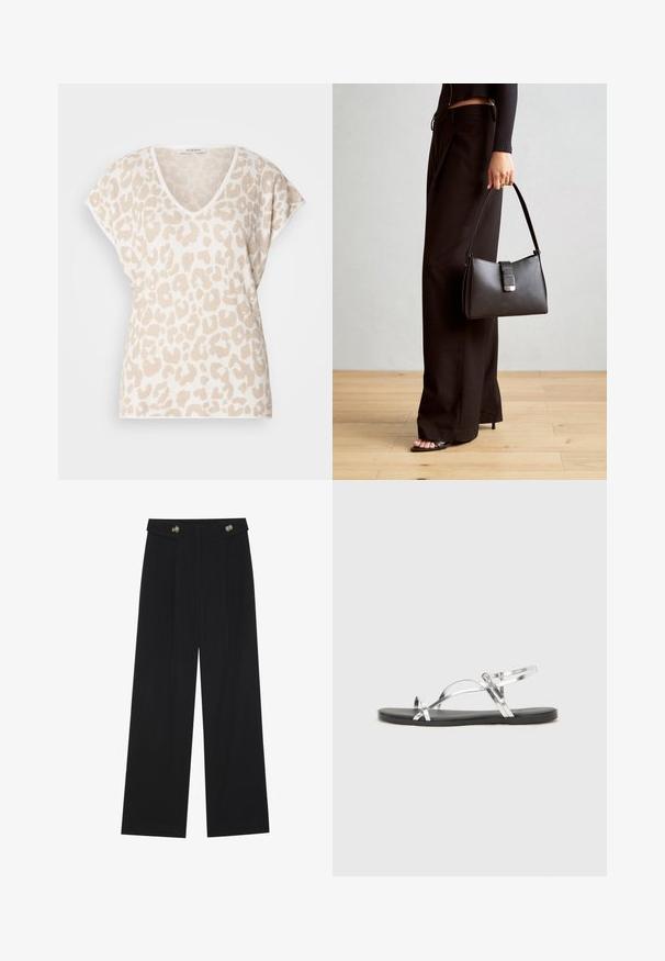 Krémový top s výstrihom do V a krátkymi rukávmi, s textúrovaným leopardím vzorom v svetlo hnedej farbe. Jemný materiál s voľným strihom.; Čierne široké nohavice s vysokým pásom, so zapínaním na gombíky na páse a prednými sklady.; Strieborné metalické sandále s minimálnym dizajnom, s tenkými popruhmi a čiernou plochou podrážkou. Zaujímavé sú akcenty krížových popruhov.; Čierna kabelka so štruktúrovaným tvarom, hladkou textúrou a kovovou sponou. V kombinácii so širokými čiernymi nohavicami a sandálmi s otvorenou špičkou na drevenej podlahe.