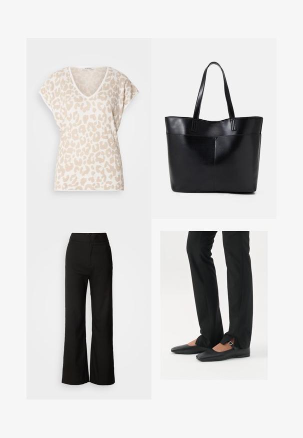 Beige V-neck top with short sleeves, featuring a textured leopard print in light brown. Soft fabric with a relaxed fit.; Black wide-leg trousers with a smooth texture, high waist, and a clean design. No visible pockets or embellishments.; Black leather ballet flats with a pointed toe, strap with silver buckle, paired with black tailored pants featuring a slit hem.; Black leather tote bag with two long handles, a smooth texture, and a structured shape. Features a front pocket for additional storage.; Silver hoop earrings with a minimalist design. Circular shape, smooth texture, and thin profile. Lightweight with a polished finish.