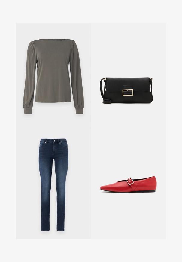 Bluza cu mâneci lungi de culoare verde măsliniu, având un guler pătrat, umeri plisate și manșete strânse, dintr-un material elastic și neted.; Jeans skinny de culoare albastru închis, din denim, cu un design clasic cu cinci buzunare, sistem de prindere cu nasture și decolorare subtilă pe coapse.; Pantof cu toc plat din piele roșie, cu vârful ascuțit, având o curea laterală cu cataramă metalică și un toc negru scăzut. Textură netedă pe toată suprafața.; Geantă de mână din piele neagră, cu clapetă și un detaliu din metal auriu. Include o curea neagră și un design elegant, minimalist.