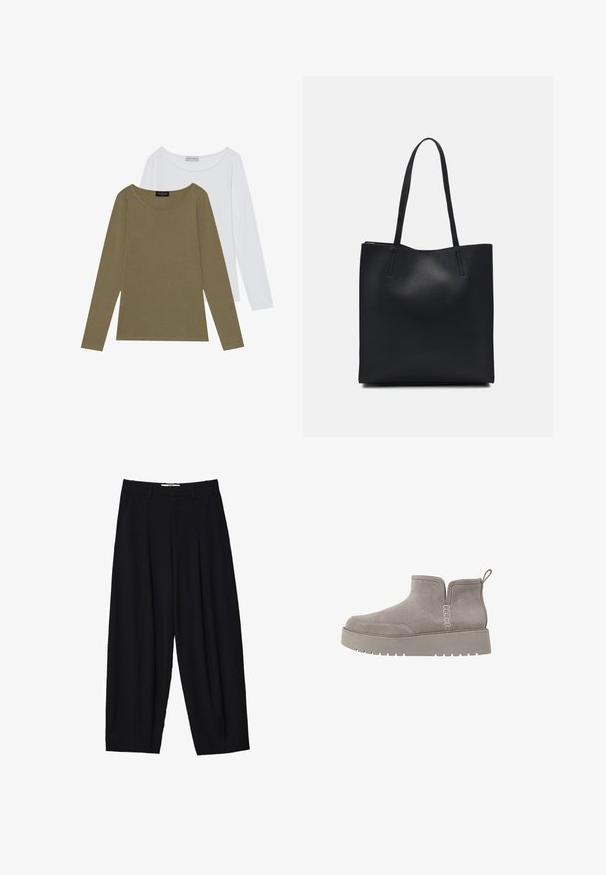 Två långärmade toppar: en olivgrön och en vit. Båda har en rund halsringning och en mjuk, slät textur med subtila sömnadsdetaljer.; Svarta vida byxor i lätt tyg, med framfållningar, en klassisk midja och sidofickor. Slät textur.; Grå mocka ankelstövel med låg profil, elastiska sidopaneler och en strukturerad gummisul. Har en dragflik för enkel påtagning.; Svart lädertoffelväska med slät textur, rektangulär form och två långa handtag. Ingen synlig hårdvara eller dekorationer.