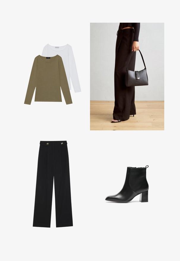 Két hosszúujjú blúz: az egyik olíva zöld, a másik pedig fehér. Mindkettő kerek nyakú és puha, sima textúrával rendelkezik, finom varrási részletekkel.; Fekete, bő szárú nadrág magas derékkal, gombos részletekkel a derékrészen és elülső pliszékkal.; Fekete bőr bokacsizma kerek orral, közepes magasságú blokk sarkával és hátsó húzófüllel. Sima felület, minimalista kialakítás.; Fekete kézi táska strukturált formával, sima textúrával és fémből készült záródással. Széles fekete nadrággal és nyitott orrú szandállal párosítva, fából készült padlón.