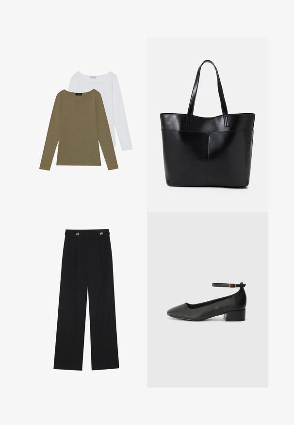 Zwei Langarmoberteile: eines in olivgrün und eines in weiß. Beide haben einen runden Halsausschnitt und eine weiche, glatte Textur mit dezenten Nähten.; Schwarze weite Hosen mit hoher Taille, Knopfdetails am Bund und vorderen Falten.; Schwarze Lederpumps mit spitzem Zehenbereich und niedrigem Blockabsatz. Mit einem Knöchelriemen und einer goldfarbenen Schnalle. Glatte Textur.; Schwarze Leder-Shopper-Tasche mit zwei langen Griffen, einer glatten Textur und einer strukturierten Form. Verfügt über eine Vordertasche für zusätzlichen Stauraum.