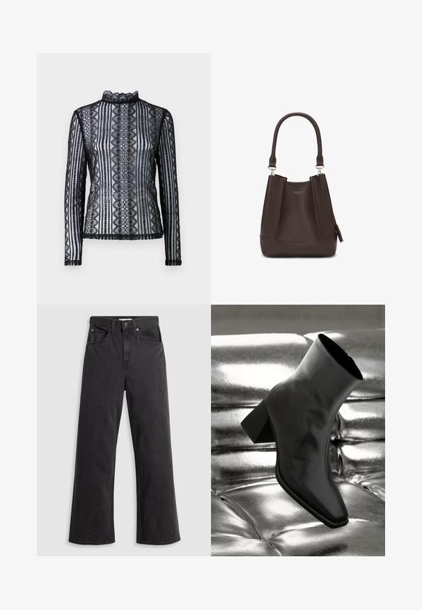 Svart spetsblus med lång ärm som har hög krage och mönstrad design med vågiga kanter. Genomskinlig textur och figurnära silhuett.; Svarta denimbyxor med vida ben och hög midja, fem fickor och metallknäppning. Tyget har en slät, lätt urtvättad yta.; Svarta ankelboots i glänsande material med fyrkantig tå och avsmalnande klack, placerade mot en glänsande silverfärgad vadderad bakgrund.; Carlheim ADALINE - Handväska - brown; Silver hoopsörhängen med en slät, glänsande yta, med en böjd form och post-stängning. Minimalistisk design med en modern finish.