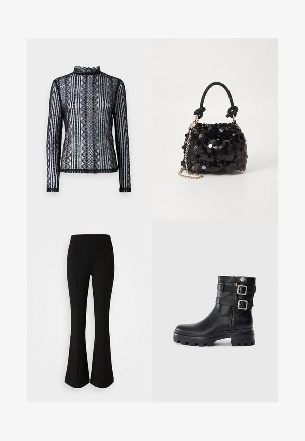 Fekete csipkeborítású, hosszú ujjú felső, amely magas nyakú és mintázott dizájnnal rendelkezik, fodros szélekkel. Átlátszó textúra és testhezálló fazon jellemzi.; Fekete, elasztikus anyagból készült, sima textúrájú, bővülő nadrág, elülső varrásokkal a dizájn fokozása érdekében.; Fekete bőr bokacsizma dupla csat díszítéssel, cipzáras záródással, vastag talppal és sima textúrával. Jellemzője a robusztus, divatos kialakítás.; Fekete flitteres mini kézitáska csomózott textúrájú pánttal és ezüst lánccal. Lekerekített forma, ráncolt tetejével és fényvisszaverő részletekkel.