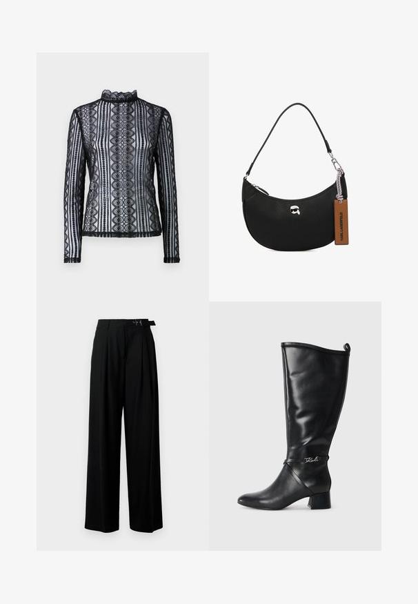 Mustade pitsidega pikkade varrukatega tops, millel on kõrge kaelus ja mustriline disain, mis on kaunistatud laineliste äärtega. Õhuline tekstuur ja keha ümberkujundav siluett.; Mustad kõrge vöökohaga mustad laiad püksid, millel on ees voldid ja vöö, millel on pandla. Valmistatud siledast ja kergest kangast.; Must muste kõrge must nahast king, millel on terav varvas, plokk-konts ja dekoratiivne rihm hõbedase logo asemel pahkluu juures. Sujuv tekstuur.; Musta nahk kott, millel on krobeline tekstuur, kõver kuju, ülemine tõmblukk, hõbedased detailid ja pruun silt. Omab logo aksenti.