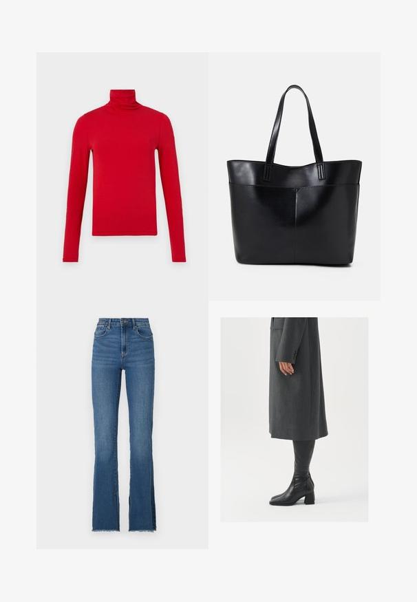 Piros garbónyakú, hosszú ujjú felső, puha anyagból készült. Testhezálló fazon, varrás nélküli vállakkal és sima tapintással. Egyszerű, egyszínű.; Fellengő kék farmernadrág magas derékkal, meglazult szegéllyel és öt zsebes dizájnal. Simaság jellemzi, enyhe kopással.; Szürke, szabott overál, egyenes vonallal; térd fölé érő fekete bőrcsizmákkal párosítva, négyzetes orral és vastag sarokkal.; Fekete bőr bevásárlótáska két hosszú fogantyúval, sima felülettel és strukturált formával. Elülső zseb található rajta a plusz tárolás érdekében.