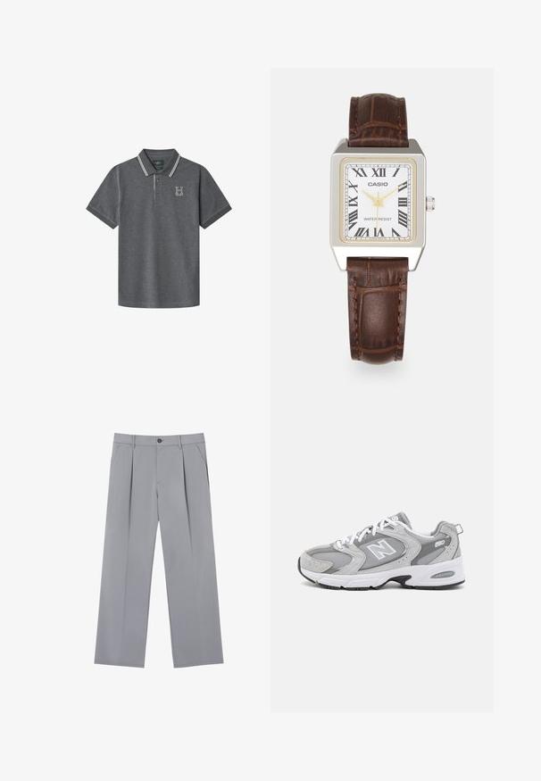 Šedé polo tričko s klasickým golierom, dvoma gombíkmi a bielymi prúžkami na golieri a rukávoch. Vyšité logo "H" na hrudi.; Sivé plisované nohavice s voľným strihom, vyrobené z ľahkej látky. Obsahujú predné vrecká a zapínanie na gombík v páse.; Šedé športové topánky s vrchnou časťou z prírodného semišu a sieťoviny, biele šnúrky a čierna podrážka. Obsahujú výrazné logo "N" a polstrovaný golier.; Štvorcové hodinky Casio s bielym ciferníkom, zlatými akcentmi, rímskymi číslicami a hnedým koženým remienkom s krokodílovým vzorom. Vodoodolný dizajn.
