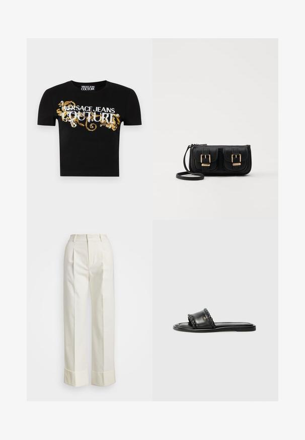 Crna krojena majica kratkih rukava od pamuka s okruglim izrezom. Ima zlatni i bijeli otisnuti dizajn s natpisom "VERSACE JEANS COUTURE".; Bijele krojene hlače s visokim strukom, dvostrukim prednjim naborima i širokim nogavicama sa preklopnim manžetama. Izrađene od glatke, teksturirane tkanine.; Crne kožne sandale s pletenim detaljem na remenu, ravnim potplatom i elegantnim dizajnom. Glatka tekstura i minimalistički profil.; Crna kožna torba preko ramena s dva prednja džepa, zlatnim kopčama, zatvaranjem na zip i uskim remenom. Teksturirana površina i kompaktan pravokutan oblik.