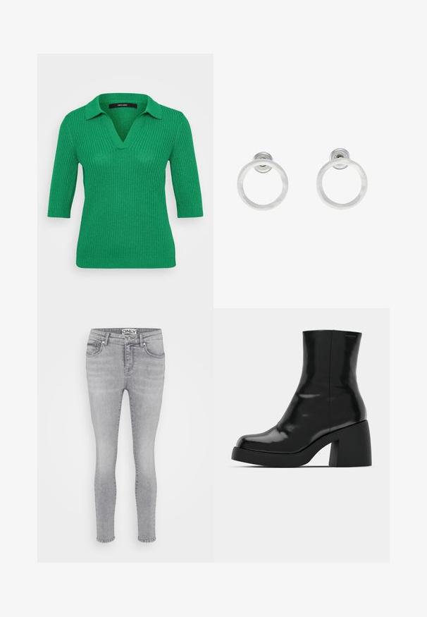 Zaļš adīts džemperis ar ribotu tekstūru, apkakli un trīs ceturtdaļu piedurknēm. V-veida izgriezums, gluda auduma un pieguļoša silueta.; Pelēki džinsi ar šauru piegriezumu, piecu kabatu dizainu, pogas aizdari un jostas cilpiņām. Audumam ir gluda tekstūra un viegla izbalēšana visā virsmā.; Melnas potītes zābaku ar spīdīgu apdari, kvadrātveida pirkstu un biezu bloku papēdi. Dizainā ir bezšuvju siluets un minimāla zīmola identitāte.; Sudraba metāla gredzenveida auskari ar matētu faktūru, ar apaļu dizainu un caurspīdīgu aizdari, lai nodrošinātu drošu valkāšanu.