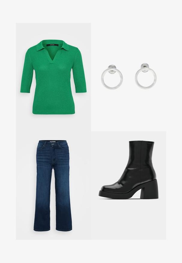 Zelený pletený sveter s rebrovanou textúrou, golierom a rukávmi po tri štvrtiny. S dizajnom do V, hladkým materiálom a priliehavou siluetou.; ONLY Petite ONLMADISON BLUSH WIDE - Široké nohavice - dark blue denim; Čierne členkové topánky s lesklým povrchom, štvorcovou špičkou a širokým blokovým opätkom. Dizajn sa vyznačuje bezšvovou siluetou a minimálnym brandingom.; Strieborné kovové náušnice vo forme kruhov s brúsenou textúrou, so zaobleným dizajnom a priehľadným zarážkou pre bezpečné nosenie.