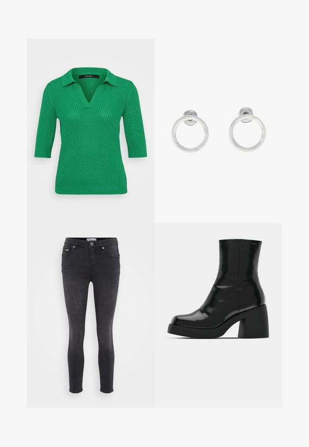 Green knitted sweater with a ribbed texture, collar, and three-quarter sleeves. V-neck design, smooth fabric, and fitted silhouette.; Black skinny jeans made of denim. Features a front button closure and zipped pocket at the waist. Smooth texture with minimal fading.; Black ankle boots with a glossy finish, square toe, and a thick block heel. The design features a seamless silhouette and minimal branding.; Silver metal hoop earrings with a brushed texture, featuring a circular design and a clear post back for secure wear.