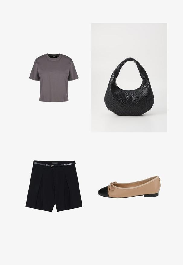 Šedé tričko s krátkým rukávem, vyrobené z hladkého materiálu, s kulatým výstřihem a volným střihem. Jednoduchý design, bez vzorů nebo viditelných akcentů.; Černé tailored šortky se sklady, vybavené úzkým černým opaskem se zlatou sponou. Vyrobené z hladké tkaniny, poskytující lesklý vzhled.; Béžové baleríny z kůže s černým špičkovým dílem. Obsahují detail mašle na přední straně a hladký povrch. Nízký profil s gumovou podrážkou.; Černá tkaná kabelka s křivým uchem, vybavena texturovaným povrchem a uvolněným tvarem. Hladký povrch s organickou siluetou.