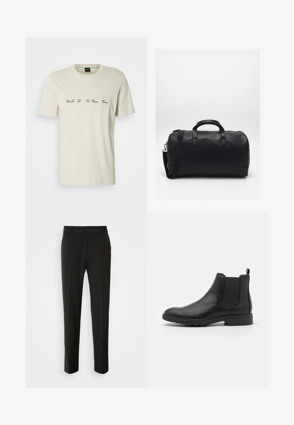 Camiseta de algodón color beige claro con cuello redondo y un atrevido logo "BOSS" con rayas negras. Mangas cortas, corte estándar.; Pantalones negros hechos de una tela suave, con piernas rectas, cierre de botón y un diseño clásico adecuado para ocasiones formales o informales.; Botín Chelsea de cuero negro con paneles laterales elásticos y una tira de sujeción, con punta redondeada y suela de goma texturizada.; Bolsa de deporte negra hecha de material sintético texturizado. Cuenta con dos asas y una correa de hombro ajustable. Diseño sencillo sin patrones visibles.