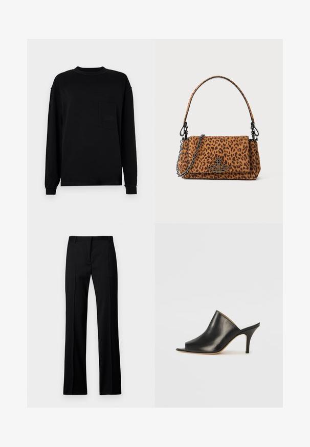 Tricou negru cu mâneci lungi, realizat din bumbac. Are un guler rotund, un buzunar la piept și detalii subtile de cusătură la manșete și tiv.; Pantaloni negri cu croi drept, dintr-un material neted, cu front plat, brâuri pentru curea și fără buzunare sau embellishments vizibile.; Mule din piele neagră, cu vârf deschis, cu un design elegant și curbat, toc înalt subțire și textură netedă. Interiorul are o culoare deschisă contrastantă.; Geantă de mână cu imprimeu leopard, realizată din suede, cu o mânere scurtă, un curea din lanț și un închizător din metal negru. Formă rectangulară cu închidere prin clapetă.