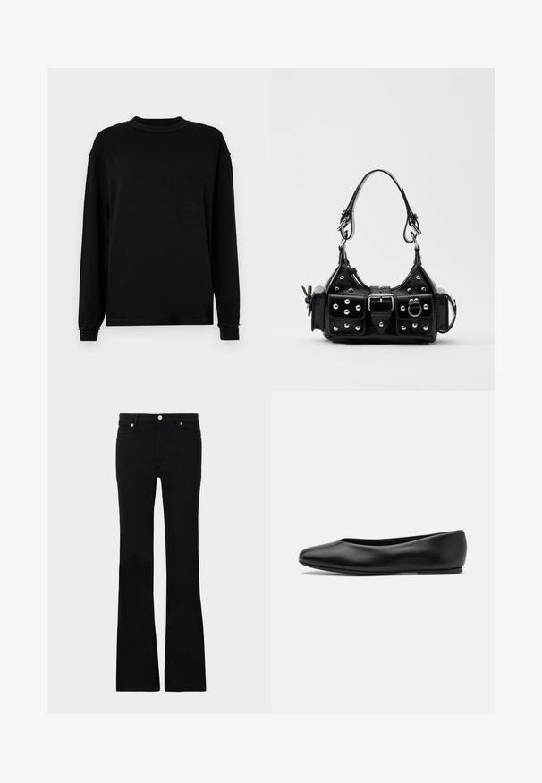 T-shirt preta de manga comprida em algodão. Apresenta gola redonda, bolso no peito e detalhes subtis de costura nos punhos e na bainha.; Calças pretas de ganga em corte flare, com dois bolsos frontais, fecho com botão e uma textura suave. Costura característica visível nas costuras.; Paul Smith TOPANGA - Sabrinas - black; Bolsa de couro preta com um design curvado, apresentando tachas prateadas, uma fivela e dois bolsos laterais. Alça ajustável para opções de transporte.