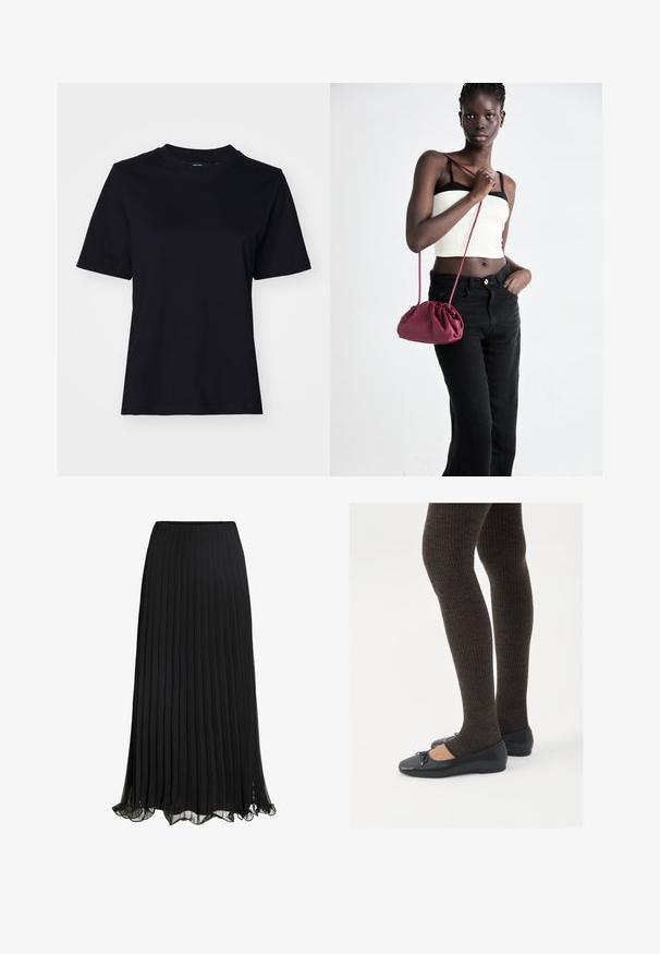 Sort bomulds t-shirt med korte ærmer, rund halsudskæring og afslappet pasform. Glat tekstur, ingen synlige mønstre eller grafik.; Hvid kortærmet t-shirt med V-hals, udsmykket med en delikat blondekant ved halsudskæringen og ærmekanterne, lavet af letvægtsstof.; Sort plisseret maxiskørt lavet af letvægtsstof med et flydende design. Har en volangkant og elastisk talje for komfort.; Sorte flade sko med en lille sløjfedetalje ved tåen, parret med mørkebrune ribbede strømpebukser. Skoene har en glat overflade og lav profil.; Bordeaux blødt stof håndtaske med en sammenpresset design og en lang rem, båret som crossbody. Modellen bærer en hvid cropped top og sorte jeans.