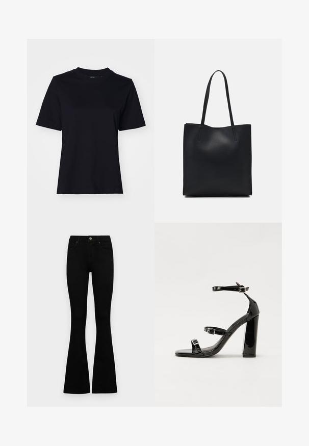 Čierne bavlnené tričko s krátkymi rukávmi, kulatým výstrihom a voľným strihom. Hladká štruktúra, žiadne viditeľné vzory alebo grafiky.; Čierne vysoké nohavice s gombíkom a zipsom, predné vrecká a rozšírené nohavice položené na bielom pozadí.; Čierne lakované sandále na podpätku so štvorcovou špičkou, navlečenými remienkami okolo členku a striebornými prackami. Disponujú masívnym blokovým podpätkom pre stabilitu.; Čierna kožená taška na rameno s hladkým povrchom, obdĺžnikovým tvarom a dvoma dlhými uchami. Bez viditeľného kovania alebo ozdôb.