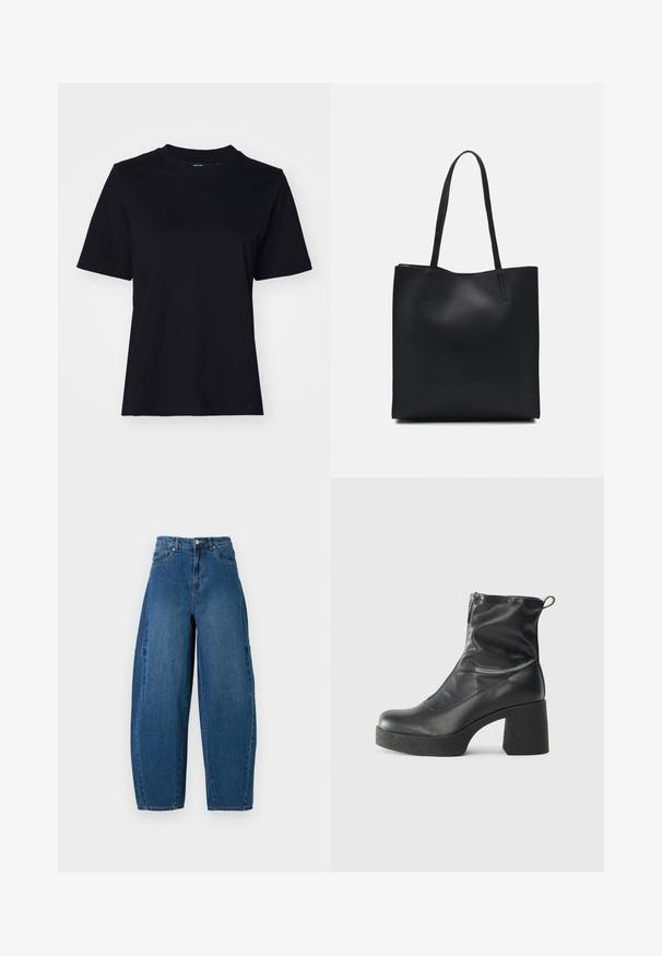 Melna kokvilnas T-krekls ar īsām piedurknēm, apaļu kakla izgriezumu un brīvu piegriezumu. Gluda tekstūra, nav redzamu rakstu vai grafikām.; Denim bikses vidējā zilā krāsā ar augstu jostasvietu, platām kājām un standarta piecu kabatu dizainu ar redzamām šuvju detaļām.; Melni potītes zābaki, kas izgatavoti no gludas ādas, ar sānu rāvējslēdzēju, masīvu strukturētu papēdi un noapaļotu purngalu.; Melnas ādas somiņa ar gludu tekstūru, taisnstūra formu un divām garām rokturiem. Nav redzamu aparatūras vai rotājumu.