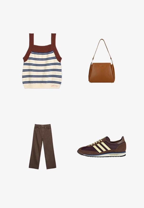 Gestricktes Tanktop mit braunen gerippten Trägern, cremefarbenem Grund und blauen horizontalen Streifen mit einem geometrischen Muster. Gerippter Saum.; Weite braune Jeans aus Denim, mit hoher Taille, Fronttaschen und klassischem Knopfverschluss. Glatte Textur mit feinen Nähten.; Braune und burgunderfarbene Sneaker aus Wildleder und Mesh-Materialien, mit drei cremefarbenen Streifen, strukturiertem Stoff an der Zunge und einer Gummisohle.; Braune Ledertasche mit strukturierter Oberfläche, einem einzelnen Schulterriemen und einem dezenten Logo auf der Vorderseite. Verfügt über ein strukturiertes Design.