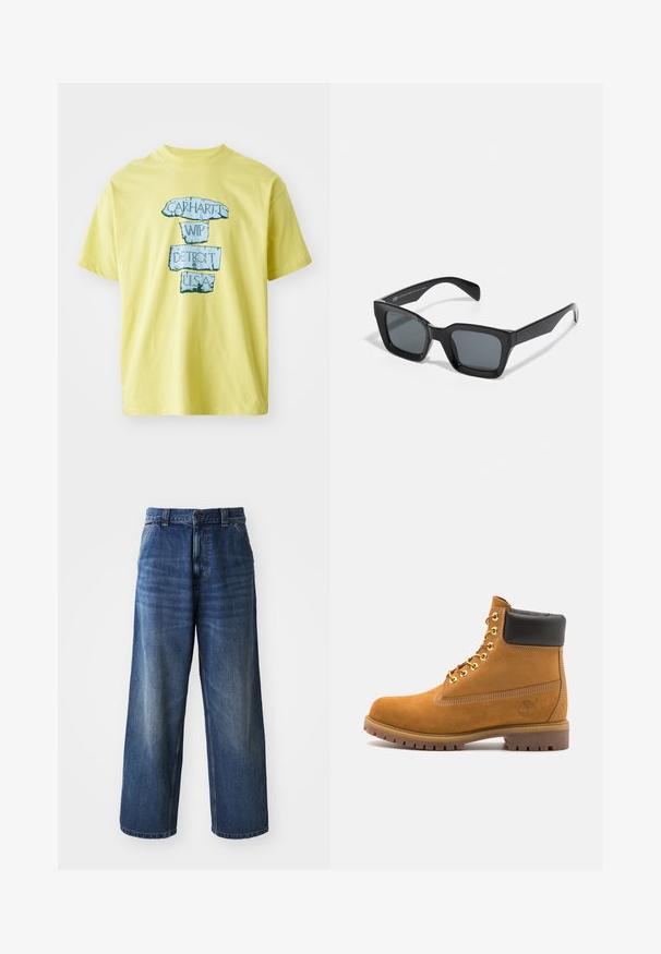 Yellow cotton t-shirt featuring a blue graphic design with "CARHARTT WIP DETROIT U.S.A." text in a bold, distressed font. Round neckline, short sleeves.; High-waisted blue denim jeans with a wide-leg design, featuring subtle fading, front pockets, and a button closure at the waist.; Tan suede ankle boot with black padded collar, gold metal eyelets, white stitching detailing, and rugged rubber sole with pronounced treads.; Black rectangular sunglasses with dark lenses. Plastic frame with a glossy finish, featuring a wide bridge and slightly tapered arms.