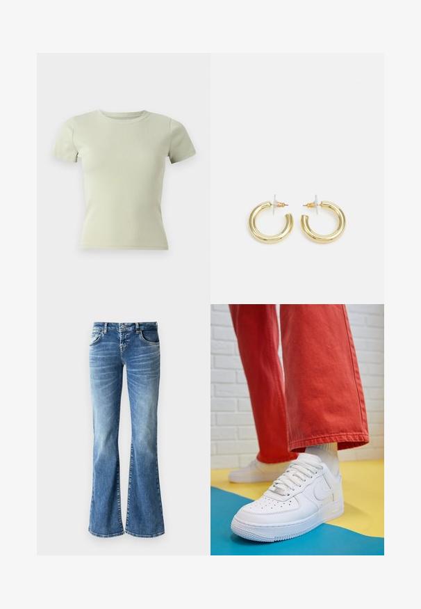Ανοιχτό πράσινο κοντομάνικο T-shirt, με στρογγυλή λαιμόκοψη, εφαρμοστό σχήμα, κατασκευασμένο από ριμπ ύφασμα, χωρίς σχέδια ή πρόσθετα αξεσουάρ.; Ανοιχτό μπλε τζιν με φαρδιά γραμμή και ξεθωριασμένο φινίρισμα, πέντε τσέπες, ραμμένες λεπτομέρειες και κλείσιμο με φερμουάρ και κουμπί.; Λευκό δερμάτινο αθλητικό Παπούτσι με τρύπες στην μύτη, υφασμάτινη σόλα και λευκές κορδόνι, συνδυασμένο με φαρδιά κόκκινα παντελόνια και μπλε-κίτρινο φόντο.; Χρυσά σκουλαρίκια κρίκοι με ομαλή, γυαλιστερή επιφάνεια. Κυκλικός σχεδιασμός που διαθέτει μια μικρή βάση και διαφανή στήριξη για ασφαλή χρήση.