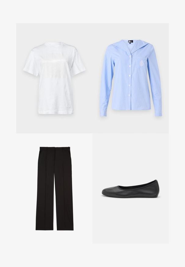 MAX&Co. TEE - Print T-shirt - weiss; Light blue striped shirt with a sailor collar, long sleeves, front buttons, and a pocket featuring an embroidered detail.; Black tailored trousers made of a smooth fabric, featuring a straight-leg design, and two side pockets. Elegant and minimalistic construction.; Black leather ballet flat with a rounded toe, smooth texture, minimal stitching detail, and a flexible sole design.