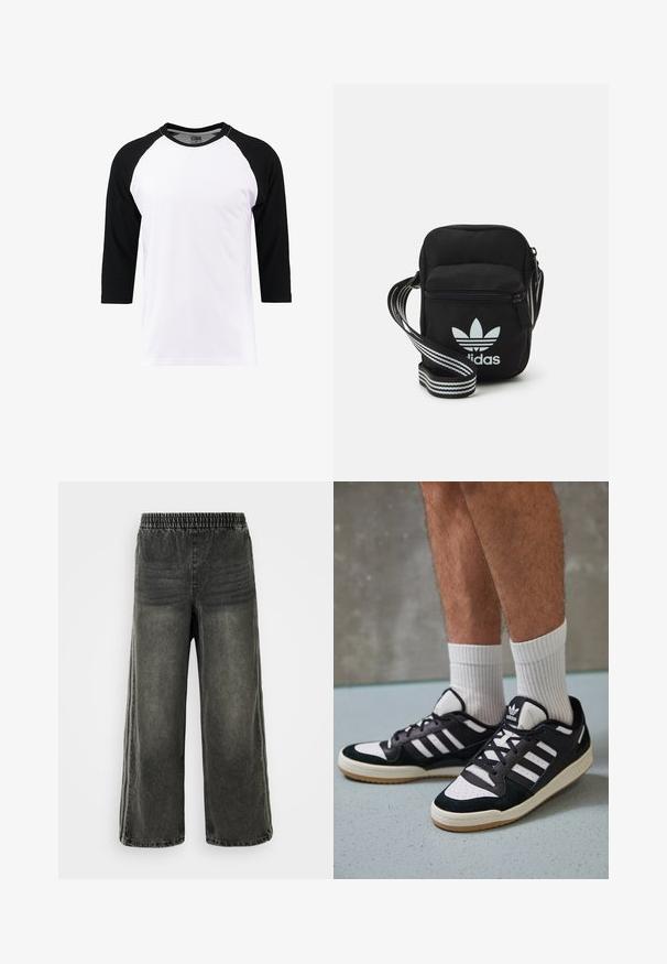 Fehér, rövid ujjú póló fekete raglán ujjakkal, pamutból készült, kerek nyakkivágással és sima textúrával.; Fekete mosott farmernadrág, elasztikus derékpánttal és széles lábakkal, finom függőleges varrásokkal az oldalán.; Fekete-fehér tornacipők velúr és bőr felsőrésszel, három fehér csíkkal, perforált orral és gumi talppal.; Fekete anyagú, keresztpántos táska cipzáras záródással, fehér Adidas logóval és csíkos állítható pánttal a könnyű hordozás érdekében.