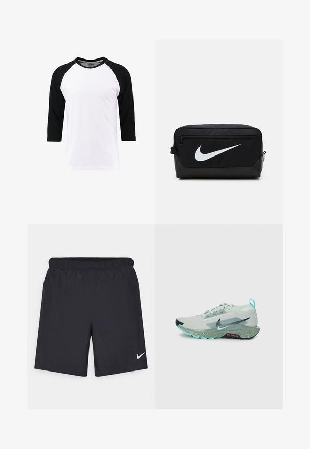 Bijela kratka majica s crnim raglan rukavima, izrađena od pamuka, s okruglim izrezom i glatkom teksturom.; Crne atletske kratke hlače od laganog materijala s elastičnom tačkom. Imaju mali bijeli Nike logo na donjoj lijevoj strani.; Svijetlosivi tenisice za trčanje s mrežastim gornjim dijelom, mint zelenim akcentima, crnim potplatima i ružičastim detaljima. Imaju uvučenu traku i mrljasti srednji potplat.; Crna Nike toaletna torba glatke teksture, s bijelim Swoosh logotipom, zatvaranjem na vrhu s patentnim zatvaračem i bočnom džepom.